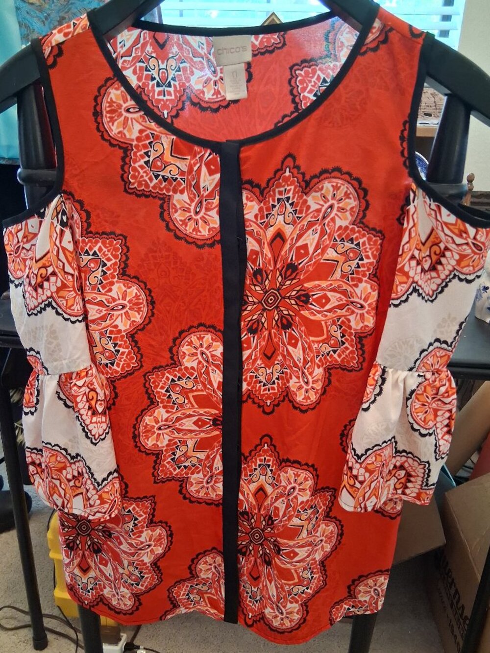 Chico’s Cold Shoulder Ruffle Bell Sleeve Blouse Size 0 Orange Mandala Paisley - Picture 2 of 9